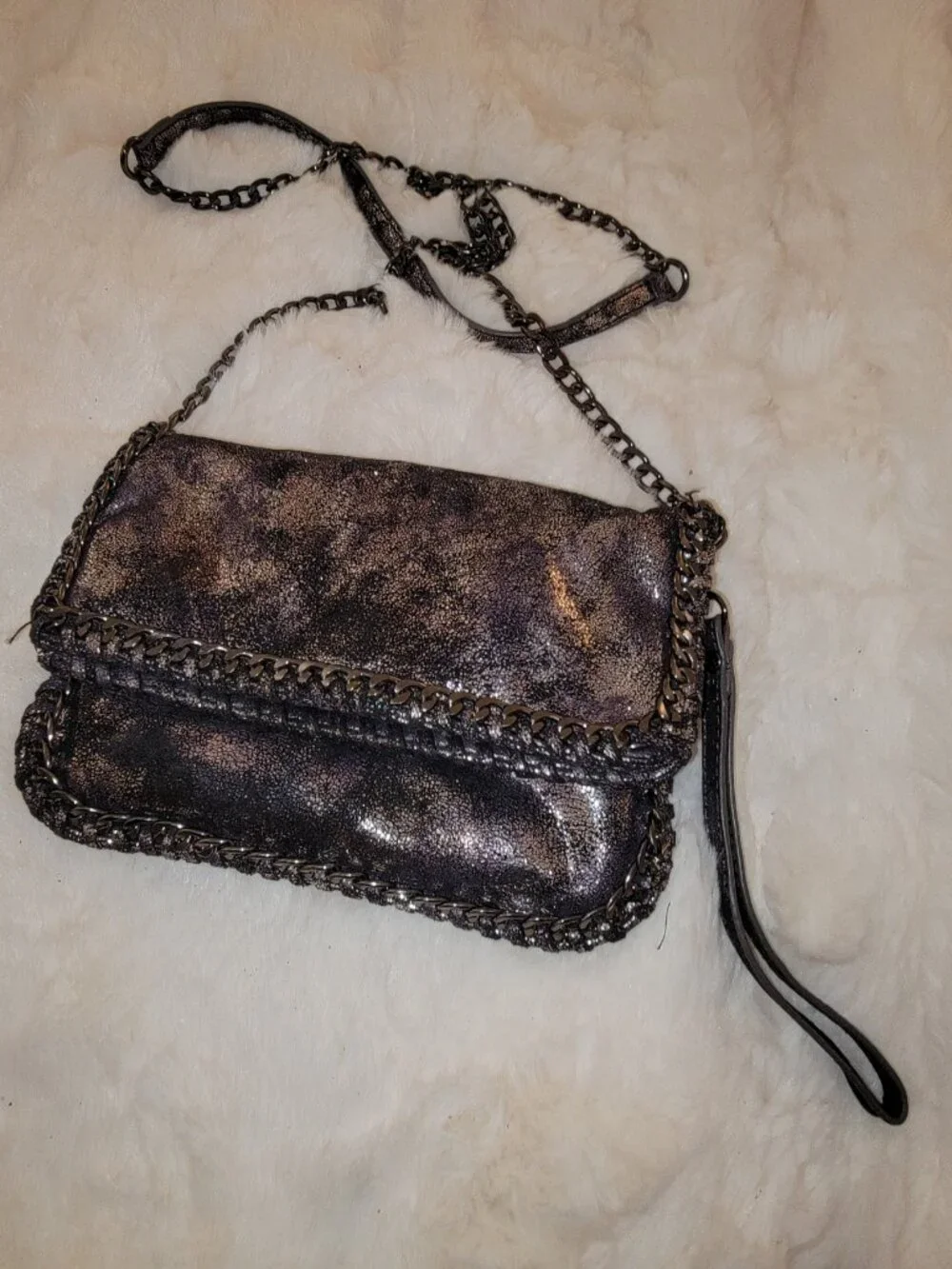 Gunmetal metallic clutch purse with gunmetal chain